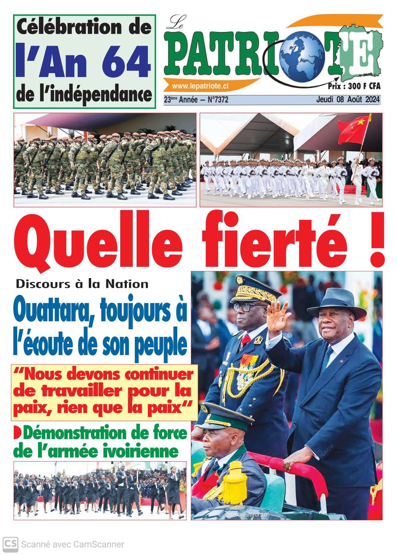 Le Patriote n°7372 du Jeudi 08 Août 2024 : Célébration de l'An 64 de l'indépendance de la Côte d'Ivoire