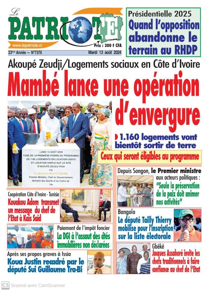 Le Patriote n°7376 du Mardi 13 Août 2024 : Le Gouvernement lance une vaste opération de construction de 1 160 logements sociaux à Akoupé-Zeudji