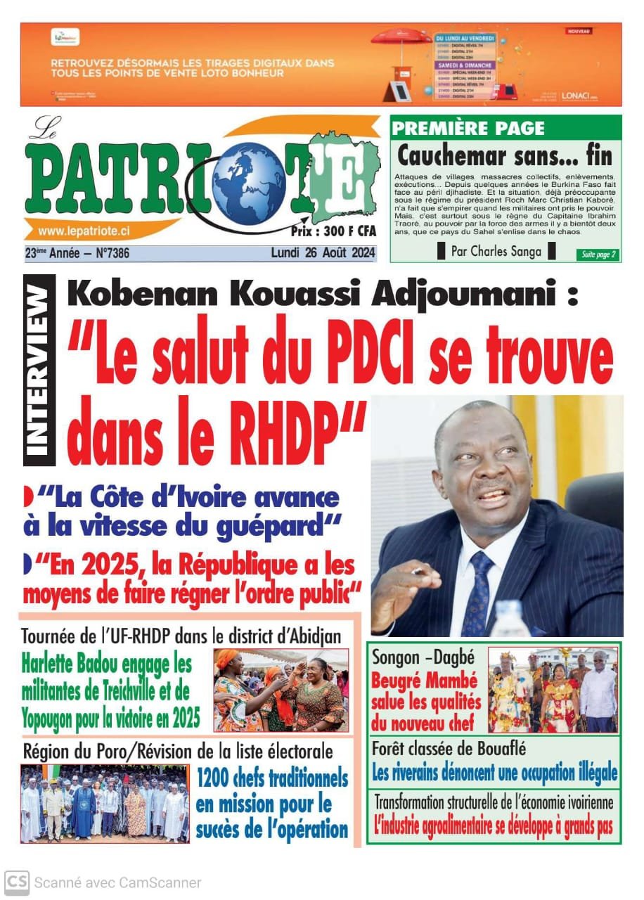 Le Patriote n°7386 du Lundi 26 Août 2024-Kobenan Kouassi Adjoumani avertit : " Le salut du PDCI se trouve dans le RHDP"