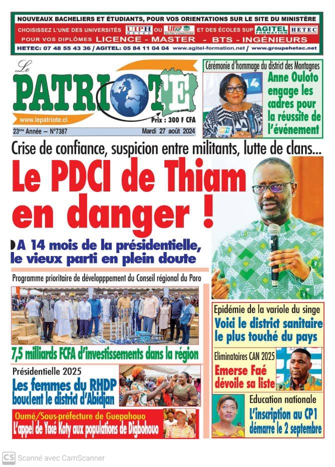 Le Patriote n°7387 du Mardi 24 Août 2024 : Le PDCI de Thiam en danger à 14 mois de la Présidentielle 2025