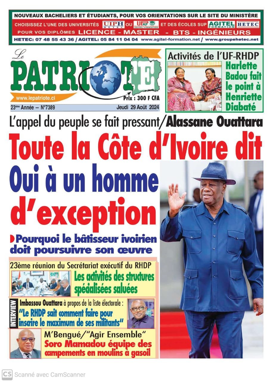 Le Patriote n°7389 du Jeudi 29 Août 2024 : La candidature d'Alassane Ouattara réclamée par la Côte d'Ivoire à la Présidentielle de 2025