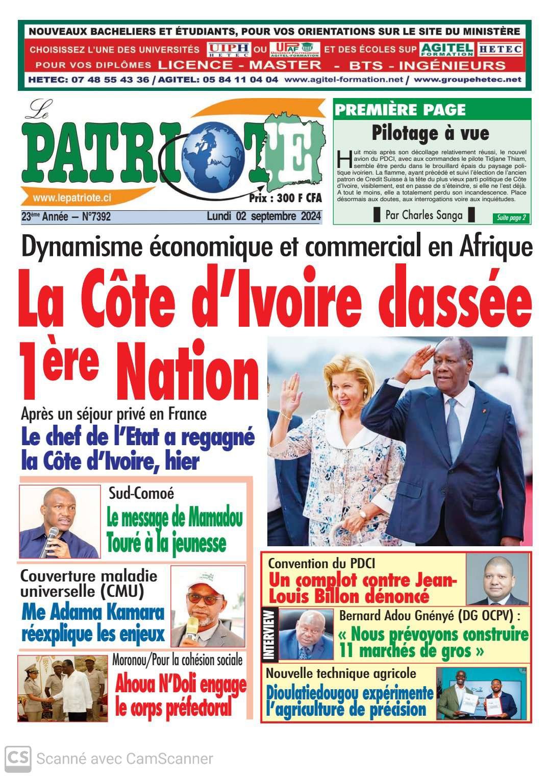 Le Patriote n°7392 du Lundi 2 Septembre 2024 : La Côte d'Ivoire classée première nation africaine pour son dynamisme économique et commercial