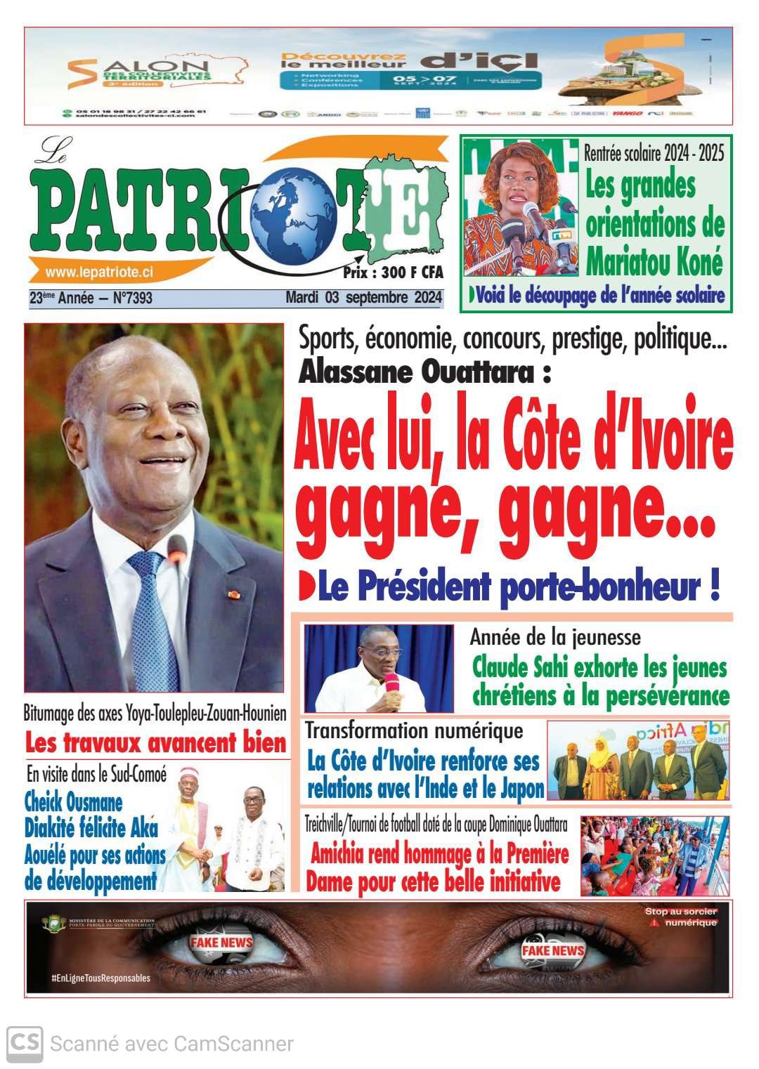 Le Patriote n°7393 du Mardi 3 Septembre 2014 : La Côte d'Ivoire gagne avec Alassane Ouattara dans tous les secteurs et domaines d'activité