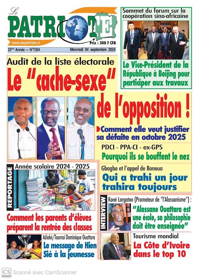 Le Patriote n°7394 du Mercredi 4 Septembre 2024 : Audit de la liste électorale, le cache-sexe de l'opposition !