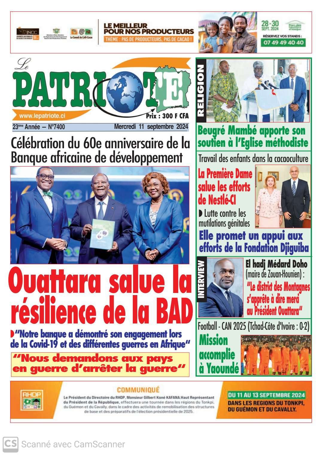 Le Patriote n°7400 du Mercredi 11 Septembre 2024 : Le Président Ouattara salue la résilience de la BAD !