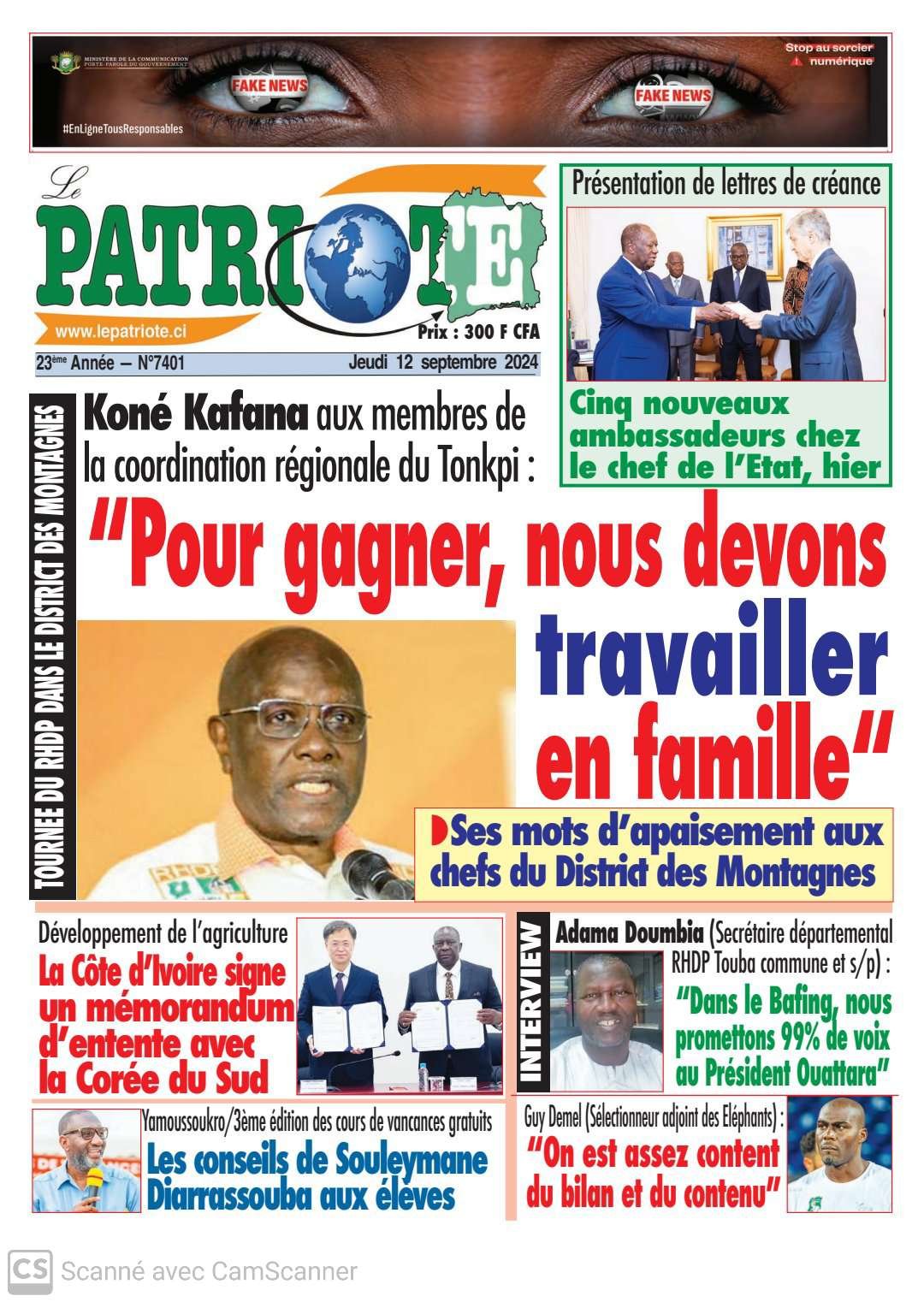 Le Patriote n°7401 du Jeudi 12 Septembre 2024 : En tournée dans le district des Montagnes, Gilbert Kafana Koné sonne la mobilisation et appelle les cadres à l'union !