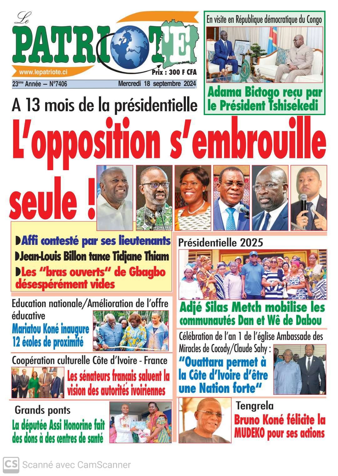 Le Patriote n°7406 du Mercredi 18 Septembre 2024 : L'opposition ivoirienne sans repères à 13 mois de la Présidentielle de 2025 !