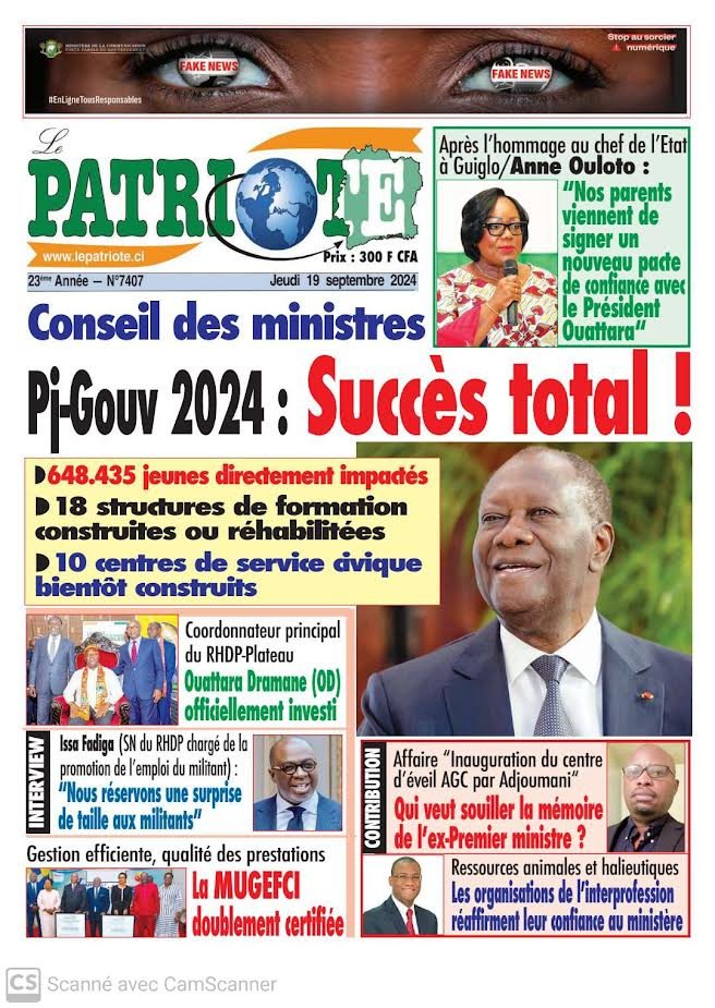 Le Patriote n°7407 du Jeudi 19 Septembre 2024 : Le Conseil des ministres satisfait du total succès du PJ-Gouv 2024