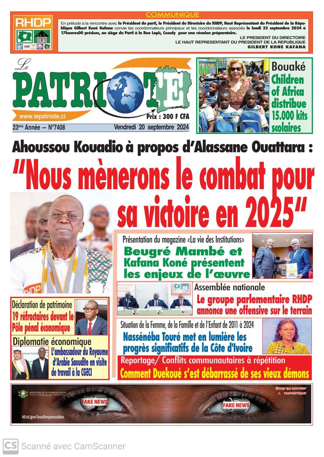 Le Patriote n°7408 du Vendredi 20 Septembre 2024 : Jeannot Ahoussou : "Nous mènerons le combat pour la victoire du président Ouattara en 2025"