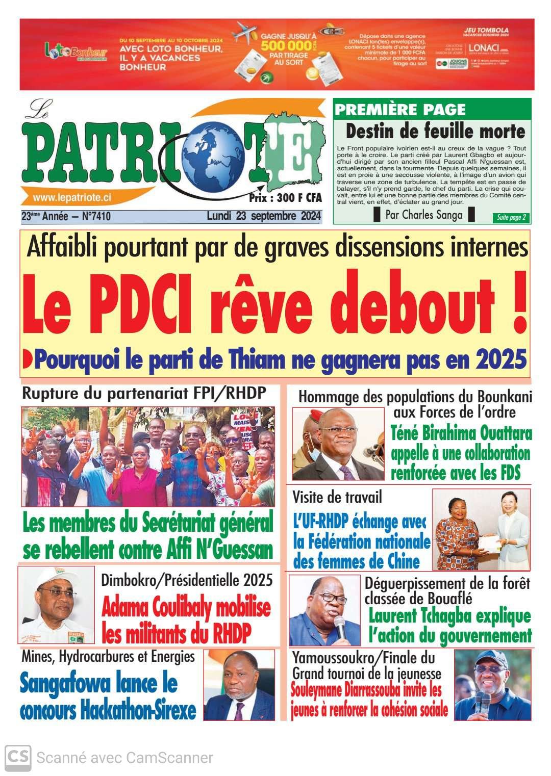 Le Patriote n°7410 du Lundi 23 Septembre 2024 : Le PDCI, affaibli par de graves dissensions internes, rêve débout à 13 mois de la présidentielle de 2025 !