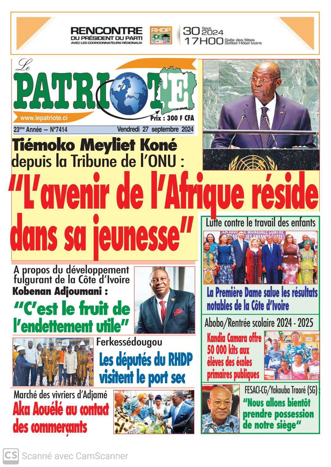 Le Patriote 7414 du Vendredi 27 Septembre 2024-Tiémoko Meyliet Koné depuis la Tribune des Nations Unies : "L'avenir de l'Afrique réside dans sa jeunesse"