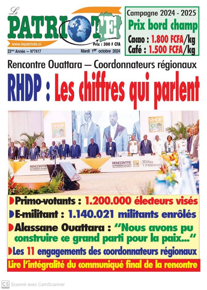 Le Patriote n°74178 du Mardi 1er Octobre 2024-Rencontre Ouattara-Coordonnateurs régionaux : Les chiffres qui parlent et les 11 engagements des coordonnateurs régionaux !