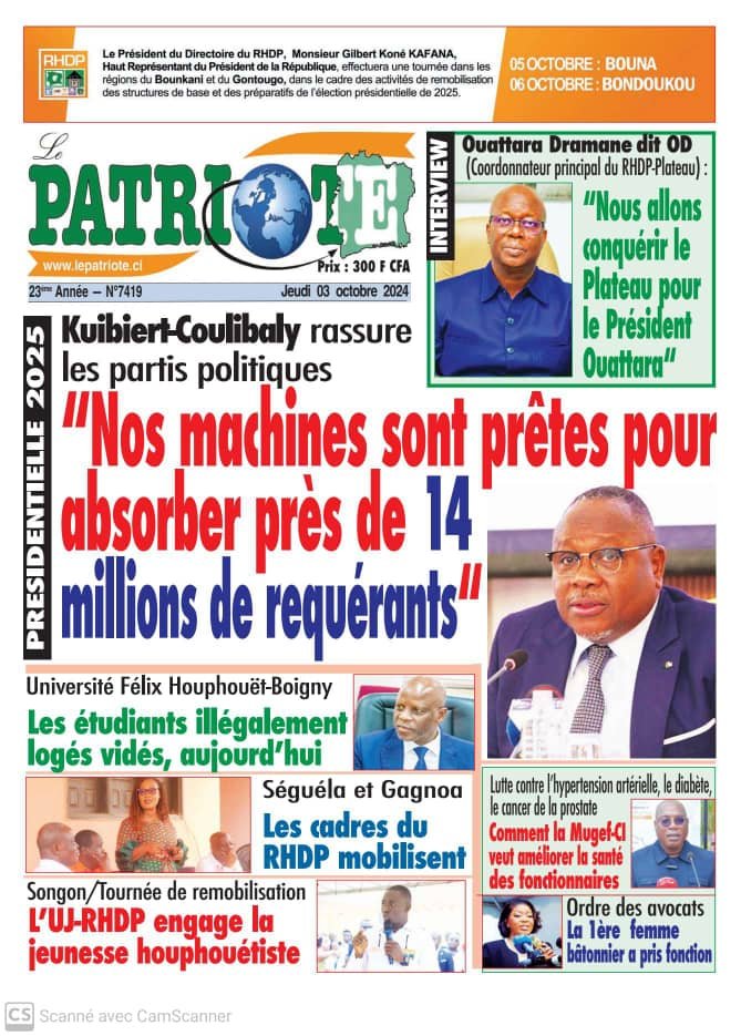 Le Patriote n°7419 du Jeudi 03 Octobre 2024-Présidentielle 2025 : Kuibiert-Coulibaly rassure les partis politiques !