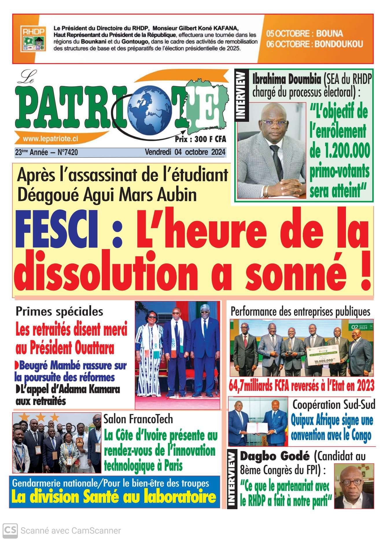 Le Patriote n°7420 du Vendredi 04 Octobre 2024 : FESCI, l'heure de la dissolution a sonné après l'assassinat de l'étudiant Déagoué Agui Mars!