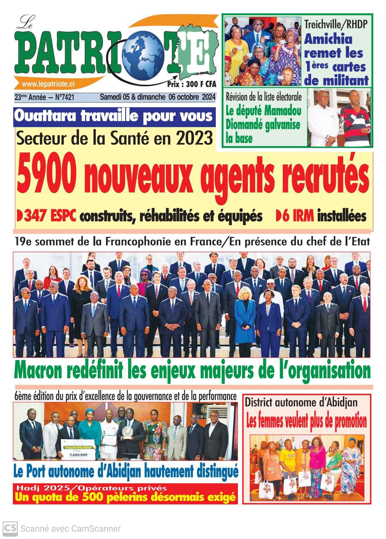 Le Patriote  n°7421 du Samedi 05 Octobre 2024-Ouattara travaille pour vous : 5 900 nouveaux agents recrutés en 2023 dans le secteur de la santé !