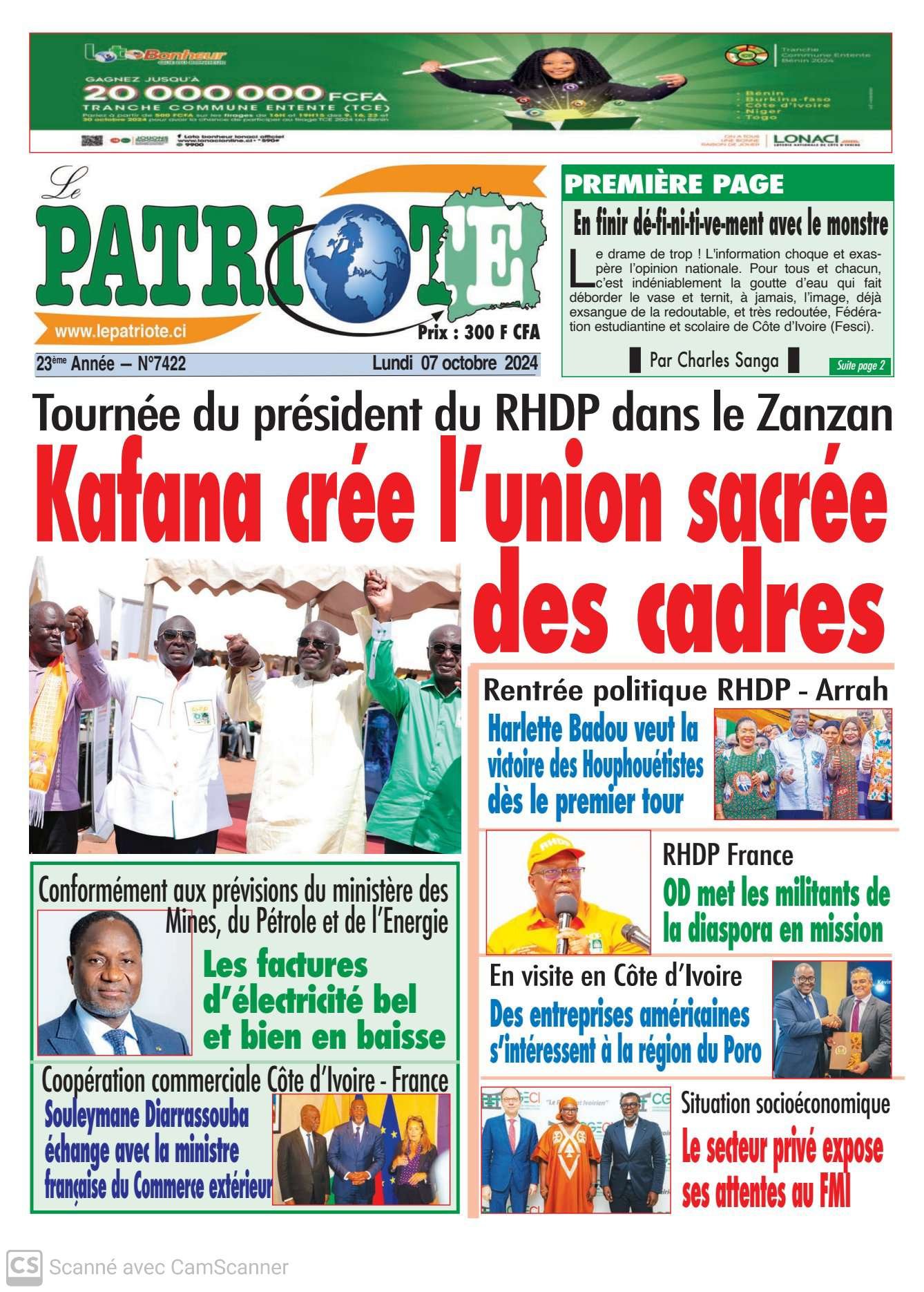 Le Patriote n°7422 du 07 Octobre 2024-RHDP : Kafana Koné, en tournée dans le Zanzan, crée l'union sacrée des cadres !