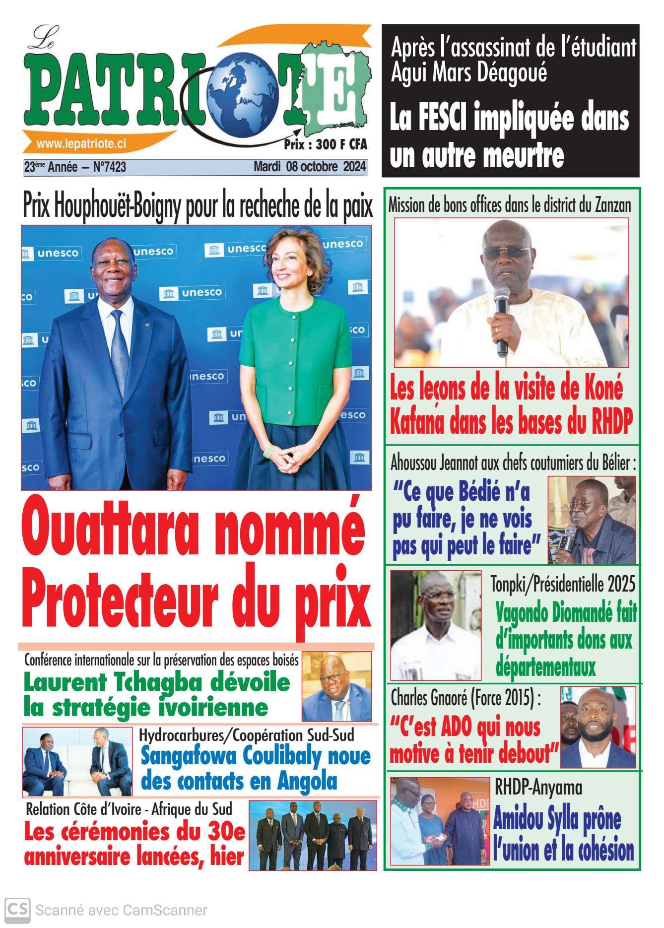 Le Patriote n°7423 du Mardi 08 Octobre 2024 : Alassane Ouattara nommé protecteur du Prix Houphouët-Boigny pour la recherche de la paix