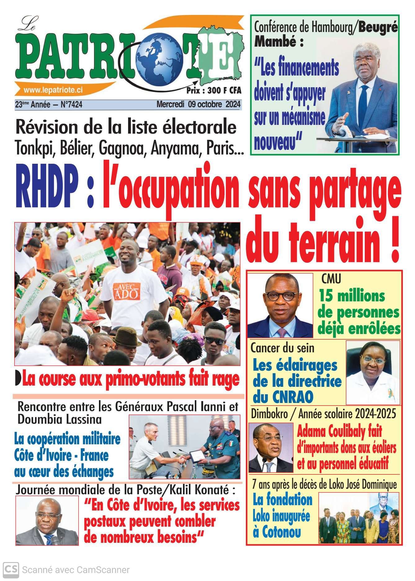 Le Patriote n°7424 du Mercredi 09 Octobre 2024 : Le RHDP occupe le terrain pour la révision de la liste électorale !