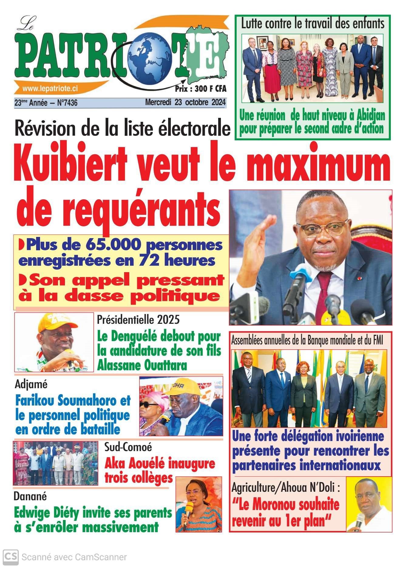 Le Patriote n°7436 du Mercredi 23 Octobre 2024 - Révision de la liste électorale : Kuibiert veut le maximum de requérants !