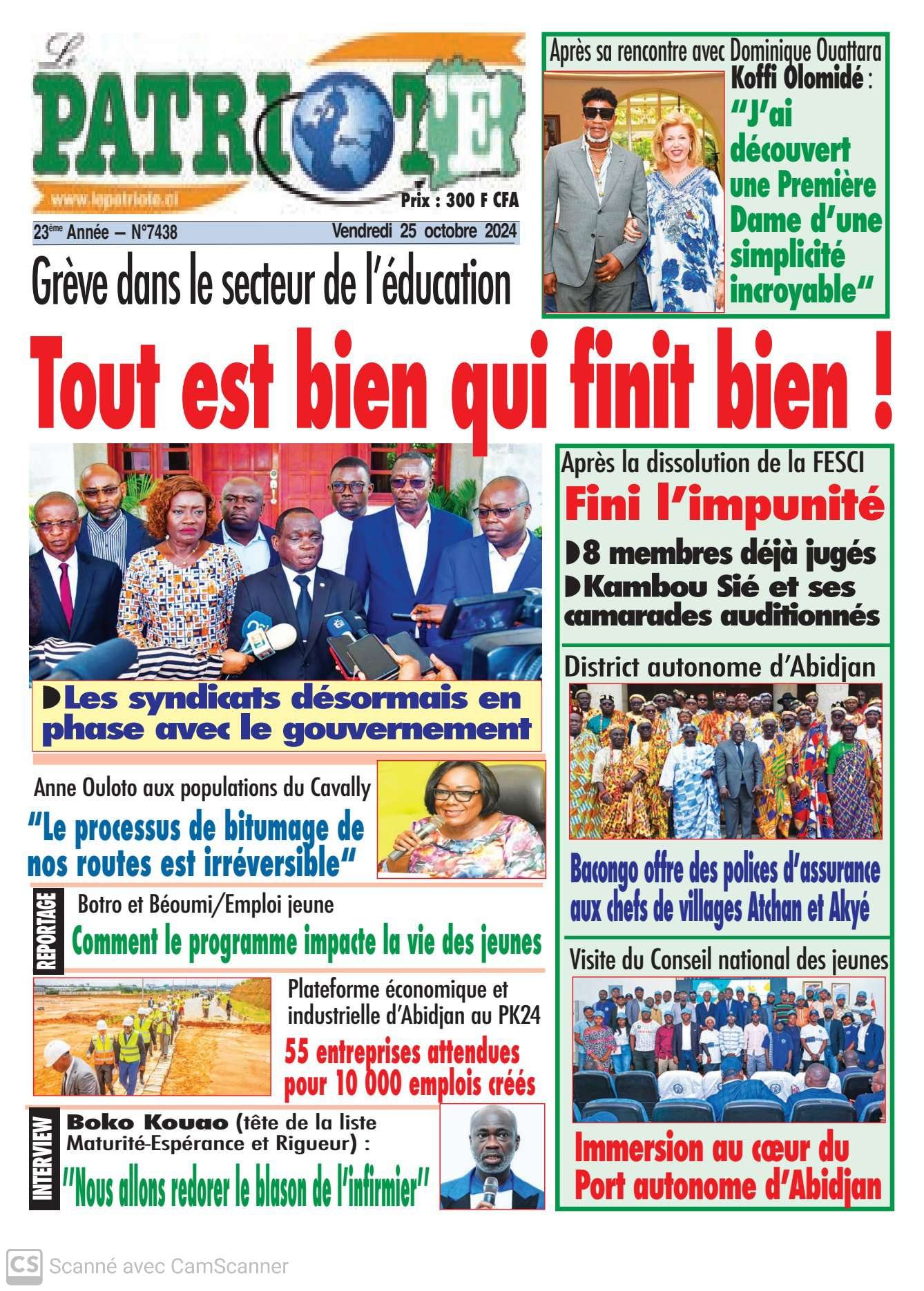 Le Patriote n°7438 du Jeudi 25 Octobre 2024-Grève dans le secteur de l'éducation : Le gouvernement et les syndicats accordent leurs violons !