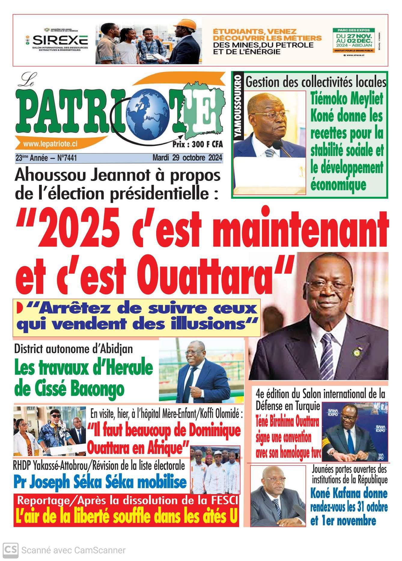 Le Patriote n°7441 du Mardi 29 Octobre 2024-Jeannot Ahoussou à propos de l'élection présidentielle : "2025, c'est maintenant et c'est Ouattara"