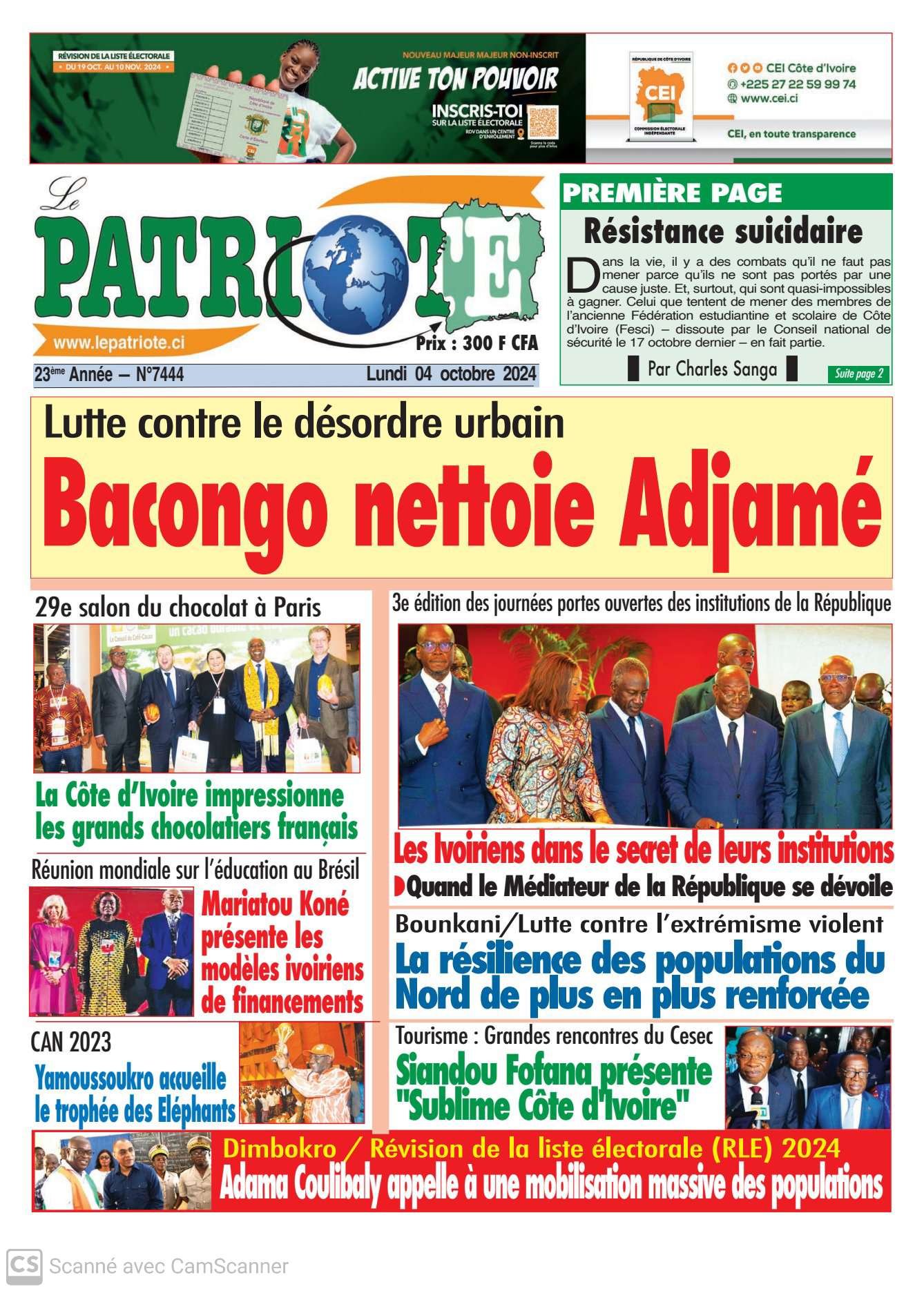 Le Patriote n°7444 du Lundi 03 Novembre 2024-Lutte contre le désordre urbain : Bacongo nettoie Adjamé !