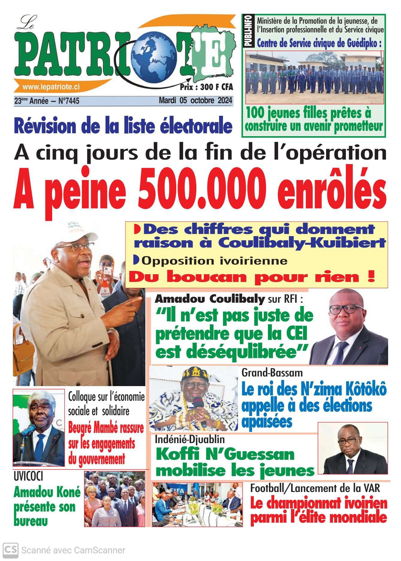 Le Patriote n°7445 du 05 Novembre 2024 -Révision de la liste électorale : A peine 500 000 enrôlés à cinq jours de la fin de l'opération !