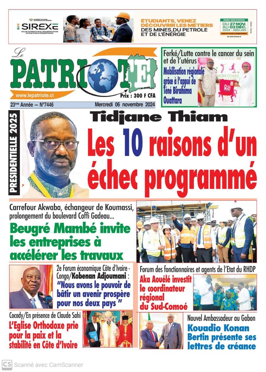 Le Patriote n°7446 du Mercredi 06 Novembre 2024-Présidentielle 2025 : Tidjane Thiam, les 10 raisons d'un échec programmé !