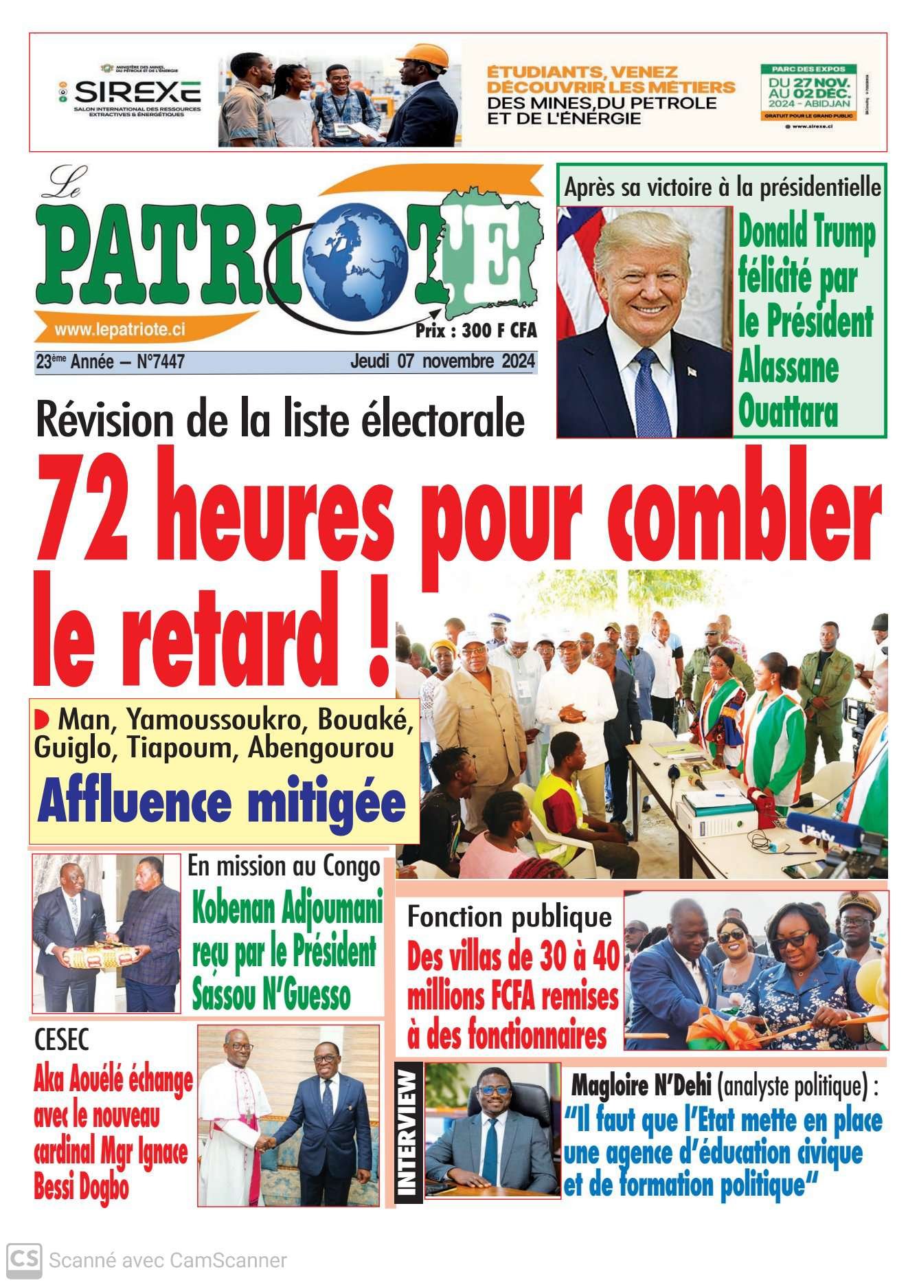 Le Patriote n°7447- Révision de la liste électorale : 72 heures pour combler le retard !