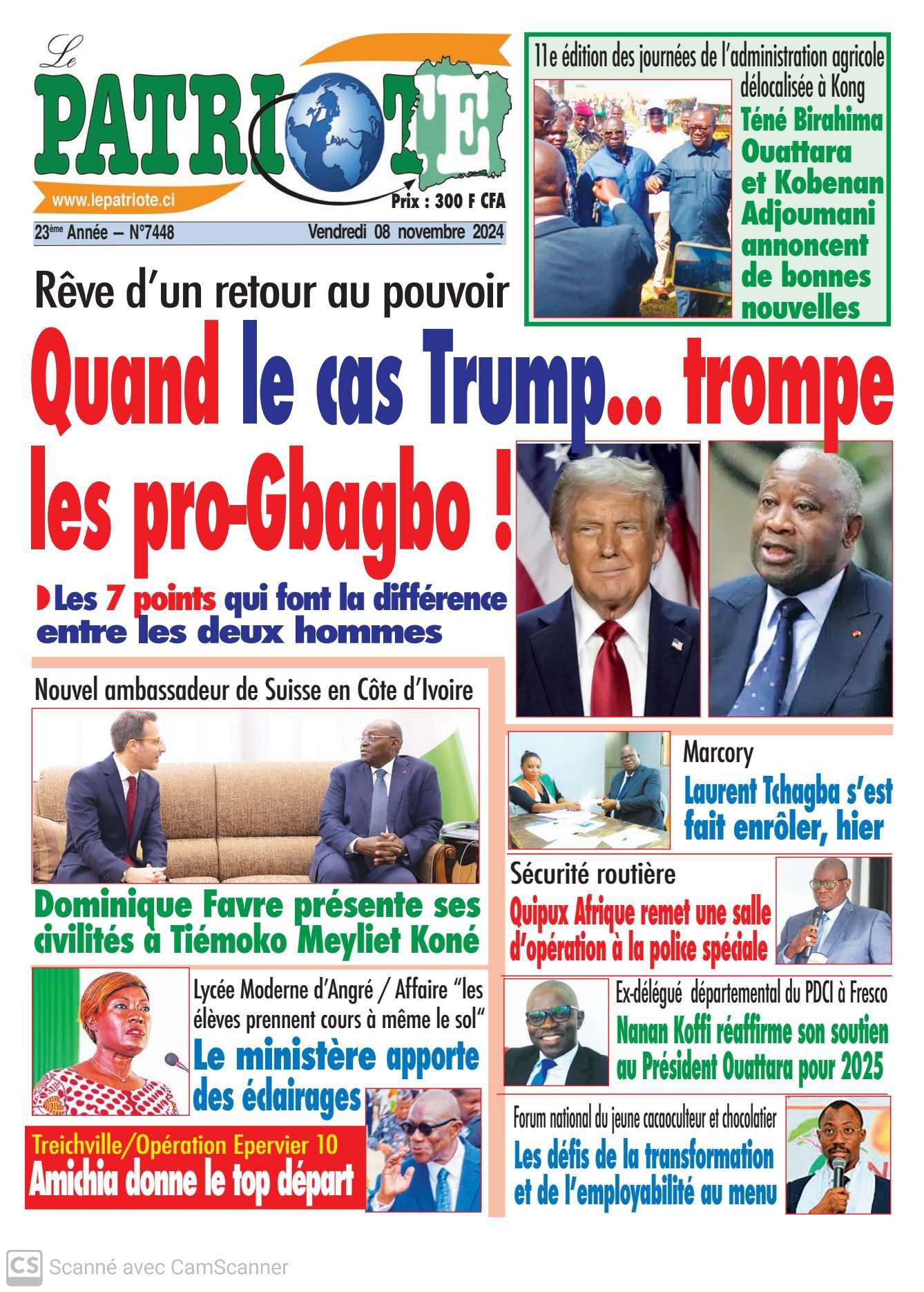 Le Patriote n°7448 du Vendredi 08 Novembre 2024 - Rêve d'un retour au pouvoir : Quand le cas Trump ... trompe les pro-Gbagbo !