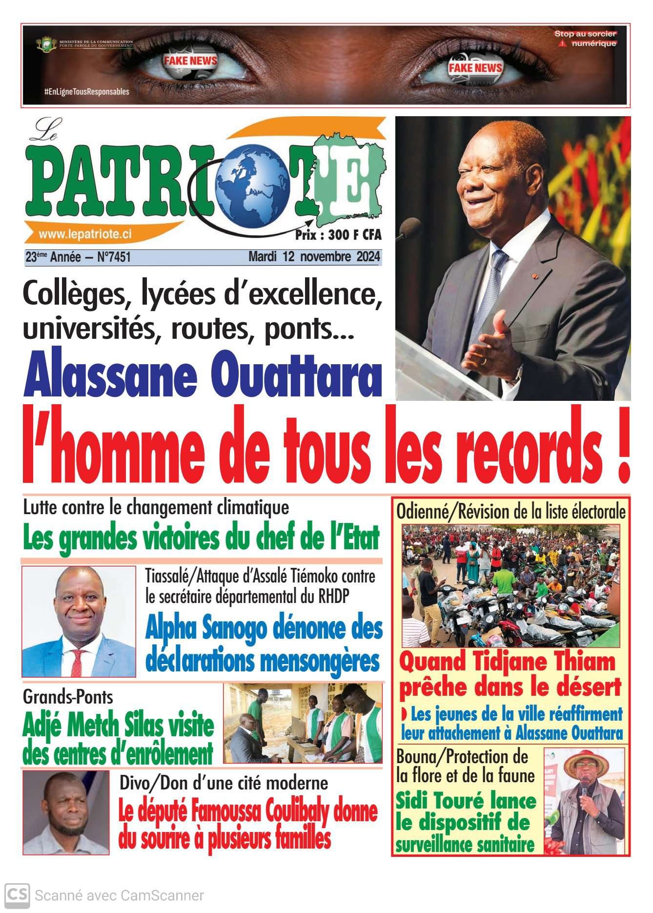 Le Patriote n°7451 du Mardi 12 Novembre 2024 : Education, infrastructures économiques, social,... Alassane Ouattara, l'homme de tous les records !