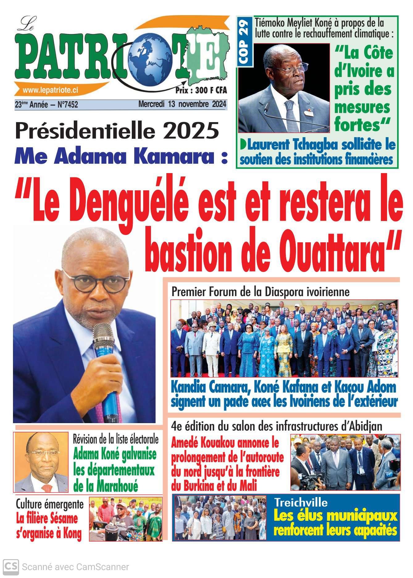 Le Patriote n°7452 du Mercredi 13 Novembre 2024 - Présidentielle 2025 : Me Adama Kamara formel : "Le Denguélé est et restera le bastion de Ouattara"