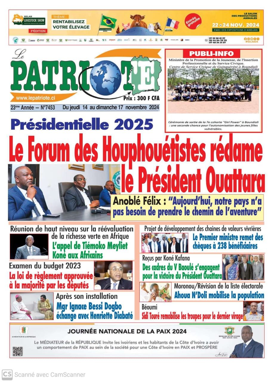 Le Patriote n°7453 du Jeudi 14  Novembre 2024 - Présidentielle 2025 : Le Forum des Houphouëtistes réclame le Président Ouattara !