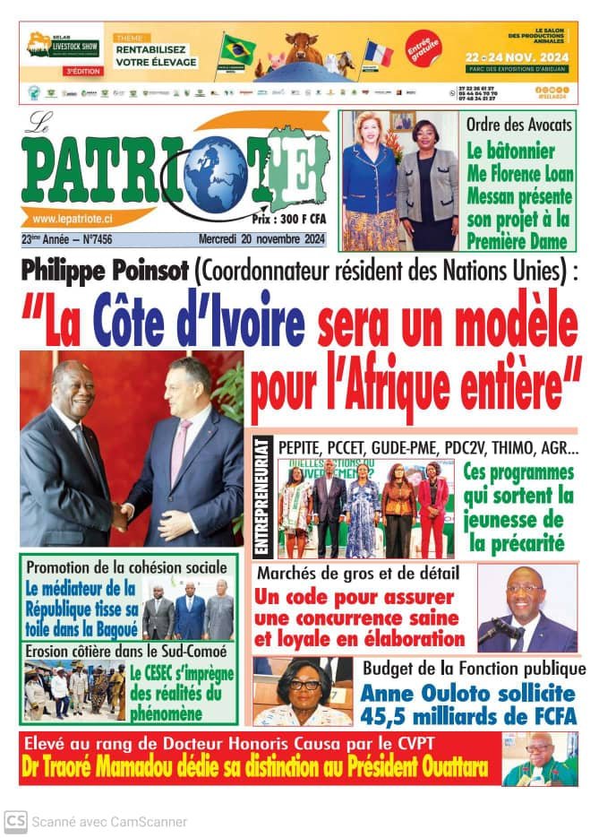 Le Patriote n°7456 du Mercredi 20 Novembre 2024- Philippe Poinsot (coordonnateur résident des Nations Unies) : "La Côte d'Ivoire sera un modèle pour l'Afrique entière "