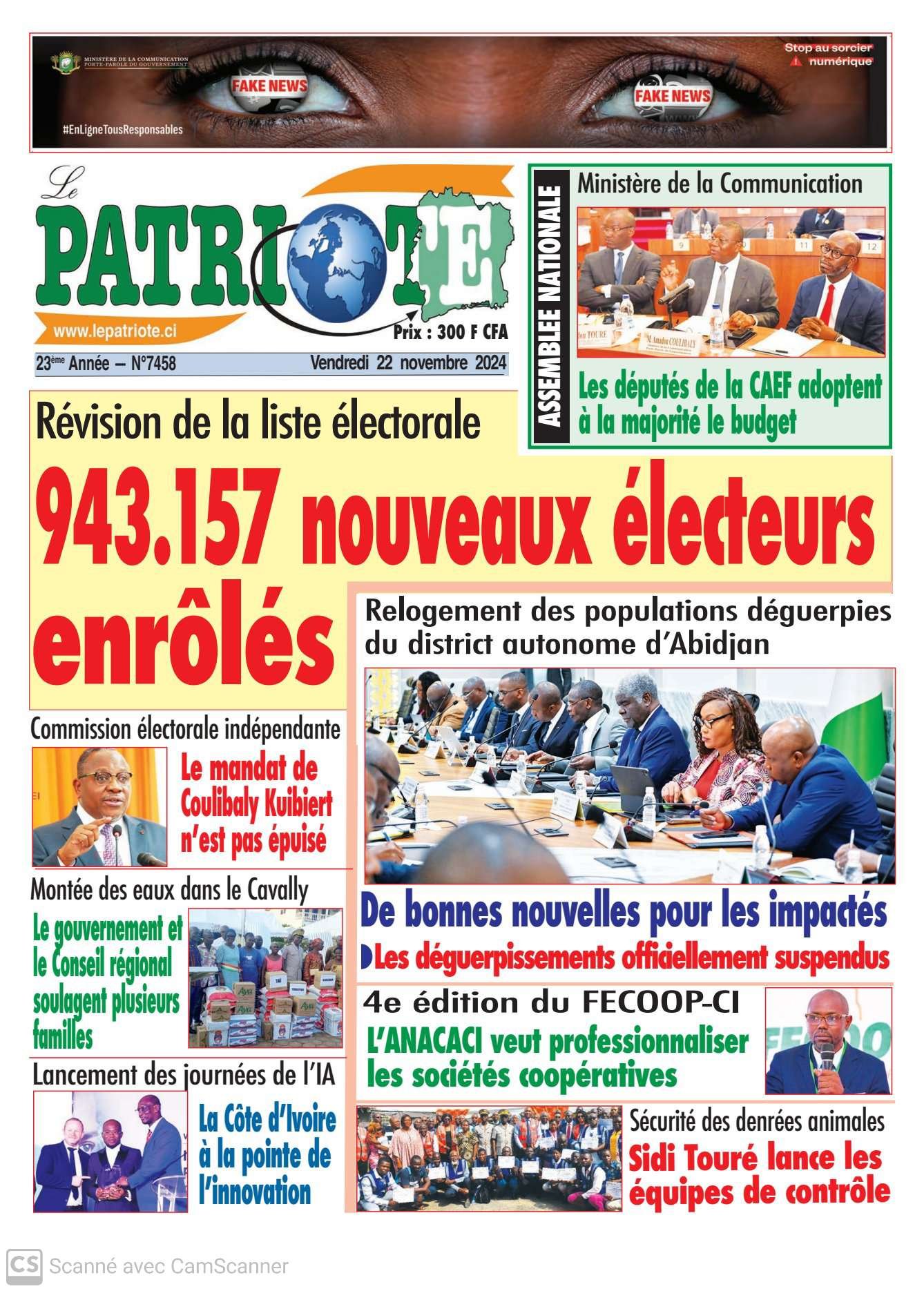 Le Patriote n°7458 du Vendredi 22 Novembre 2024 - Révision de la liste électorale : 943 157 nouveaux électeurs enrôlés !