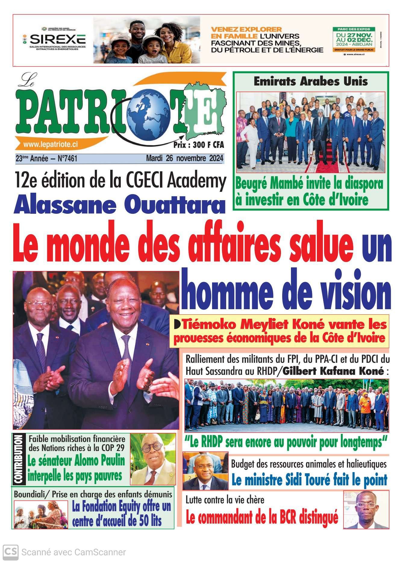 Le Patriote n°7461 du Mardi 26 Novembre 2024- 12e édition de la CGECI Academy : Le monde des affaires salue Alassane Ouattara, un homme de vison !