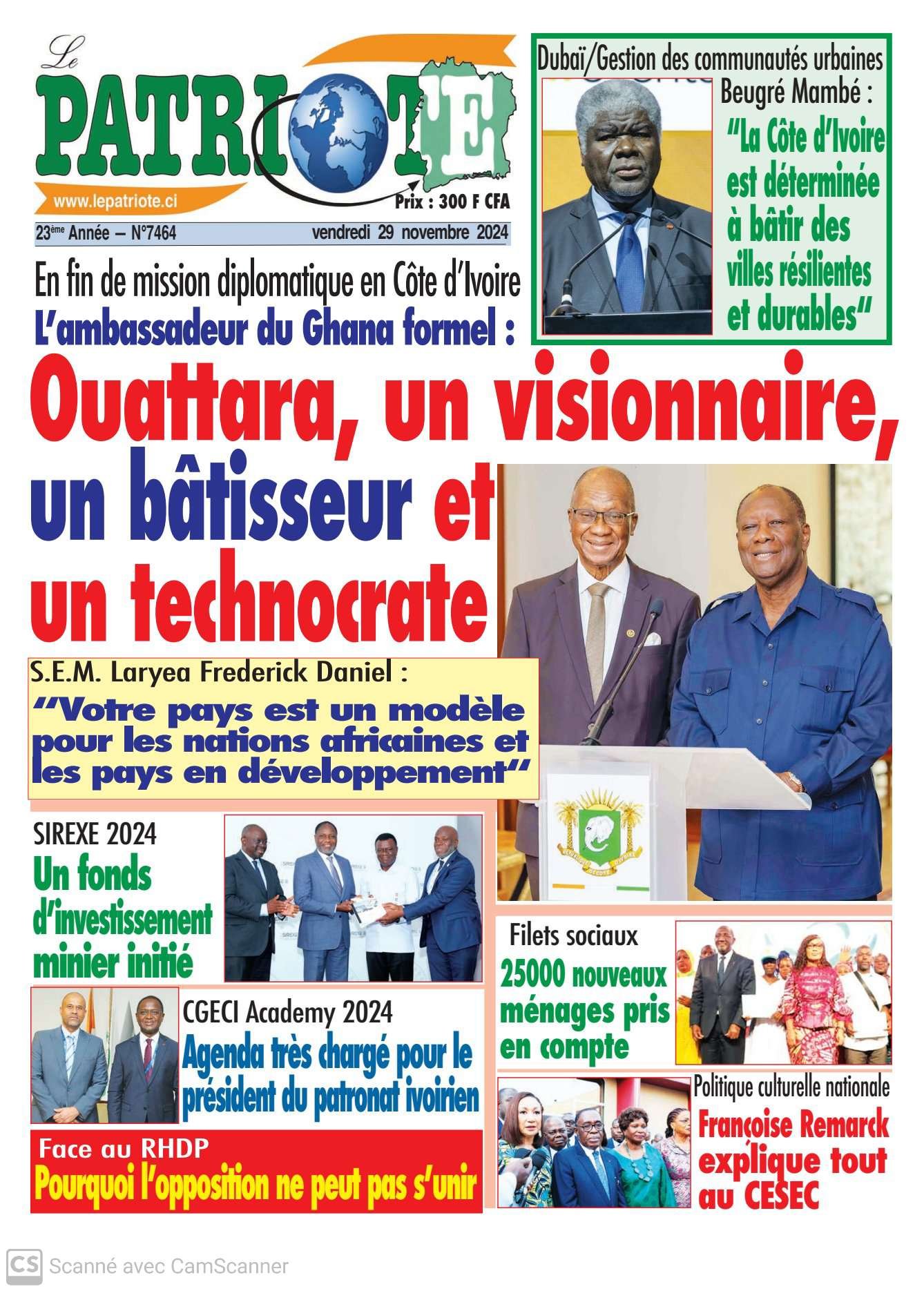 Le Patriote n°7464 du Vendredi 29 Novembre. 2024 - En fin de mission diplomatique en Côte d'Ivoire : L'ambassadeur du Ghana sous le charme de Ouattara, "un visionnaire, un bâtisseur, un technocrate" !