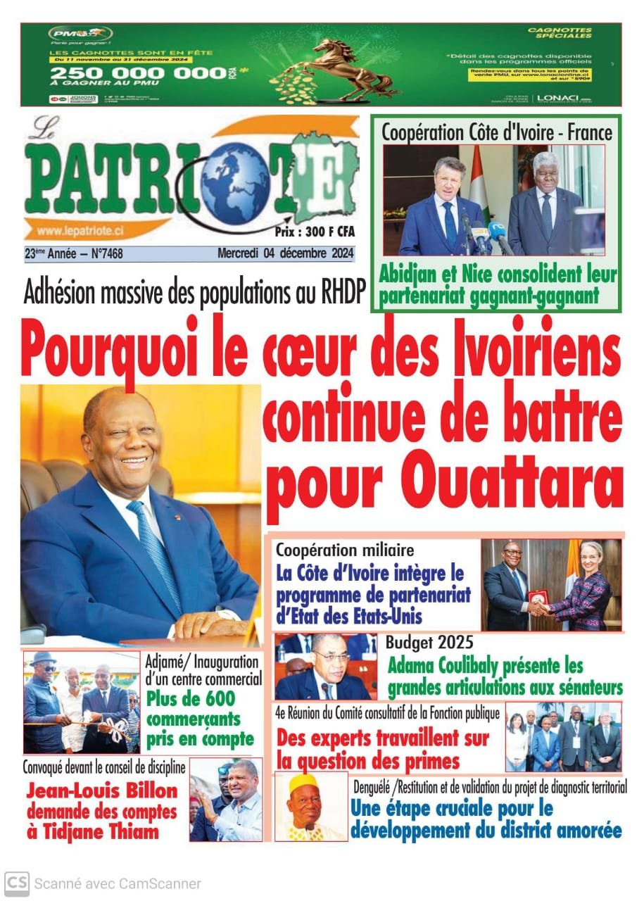 Le Patriote n°7468 du Mercredi 04 Décembre 2024 - Adhésion massive des populations au RHDP : Pourquoi le cœur des Ivoiriens continue de battre pour Ouattara !