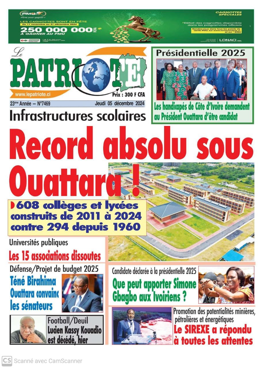 Le Patriote n°7469 du Jeudi 05 Décembre 2024 - Infrastructures scolaires : Record absolu sous Ouattara !