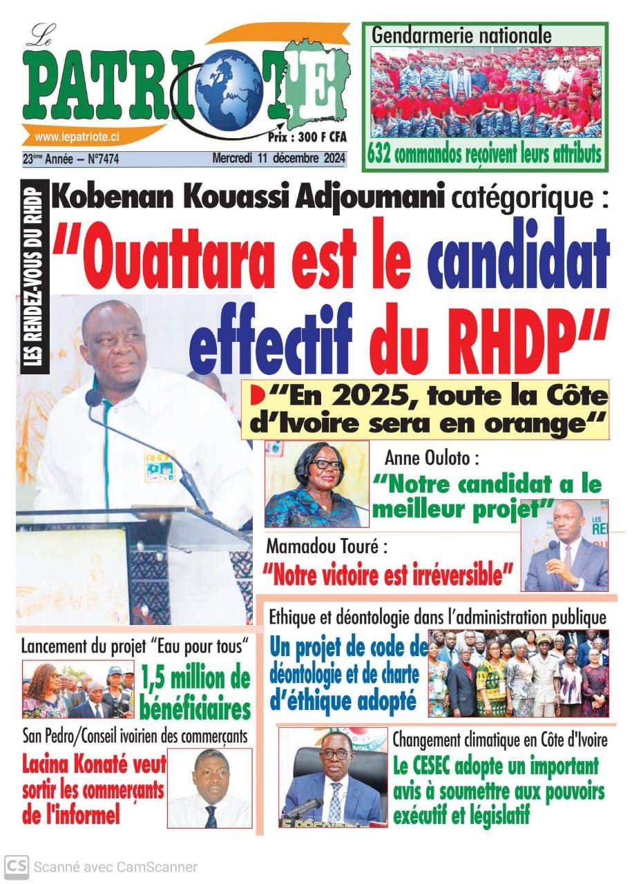 Le Patriote n°7474 du Mercredi 11 Décembre 2024 - Présidentielle 2025 - Adjoumani catégorique : "Ouattara est le candidat effectif du RHDP"