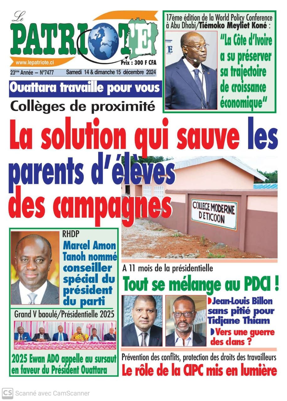 Le Patriote n°7477 du Samedi 14 Décembre 2024 - Ouattara travaille pour vous : Collèges de proximité, la solution qui sauve les parents d'élèves des campagnes !