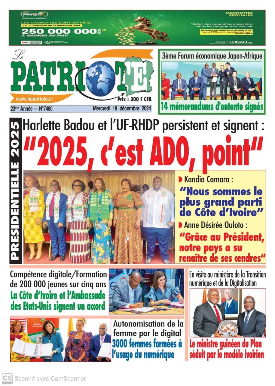 Le Patriote n°7480 du Mercredi 18 Décembre 2024 - Présidentielle 2025 - Harlette Badou et l'UF-RHDP persistent et signent : "2025, c'est ADO, point" !