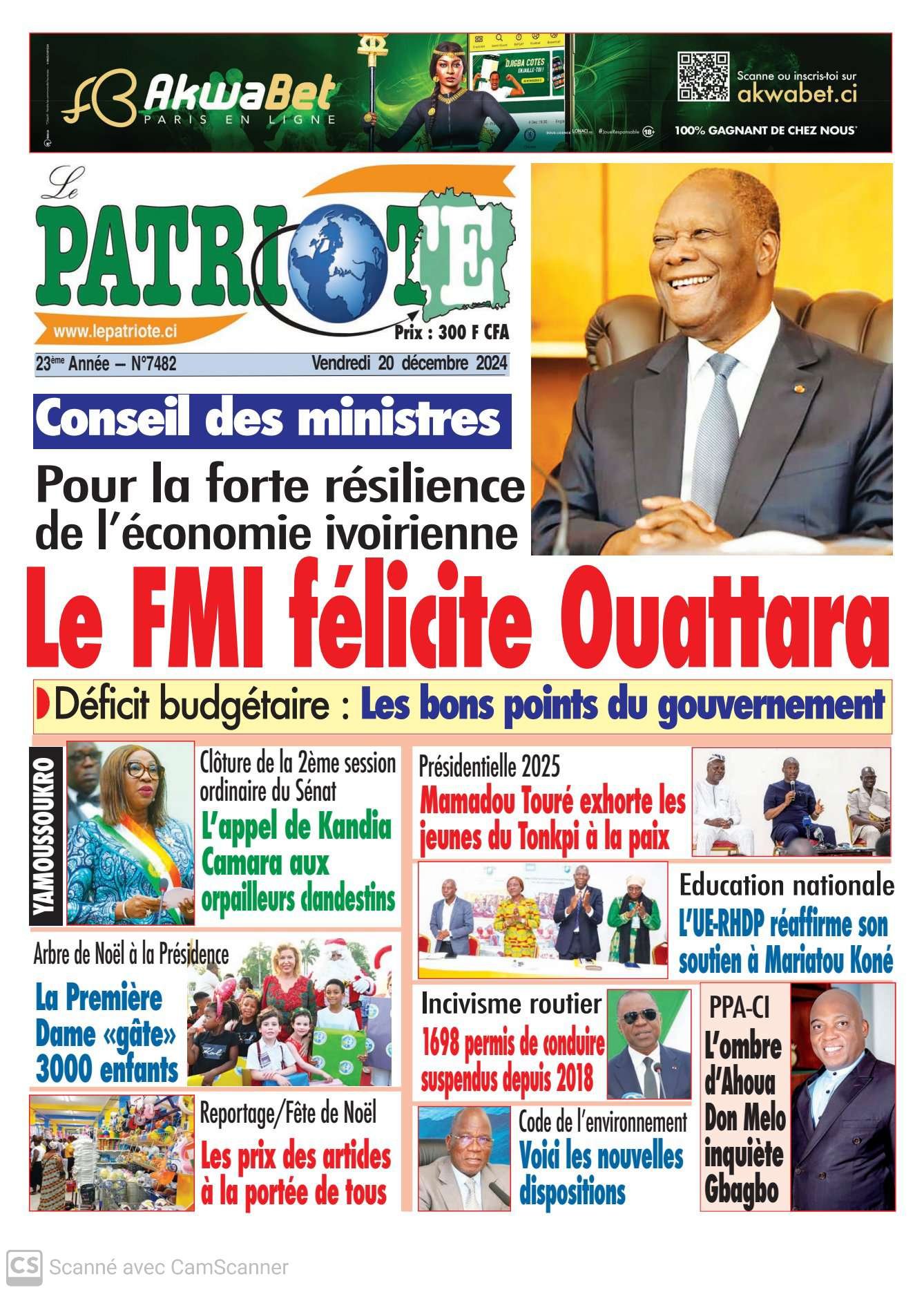 Le Patriote n°7482 du Vendredi 20 Décembre 2024 - Conseil des ministres : Le FMI félicite Ouattara pour la résilience de l'économie ivoirienne !