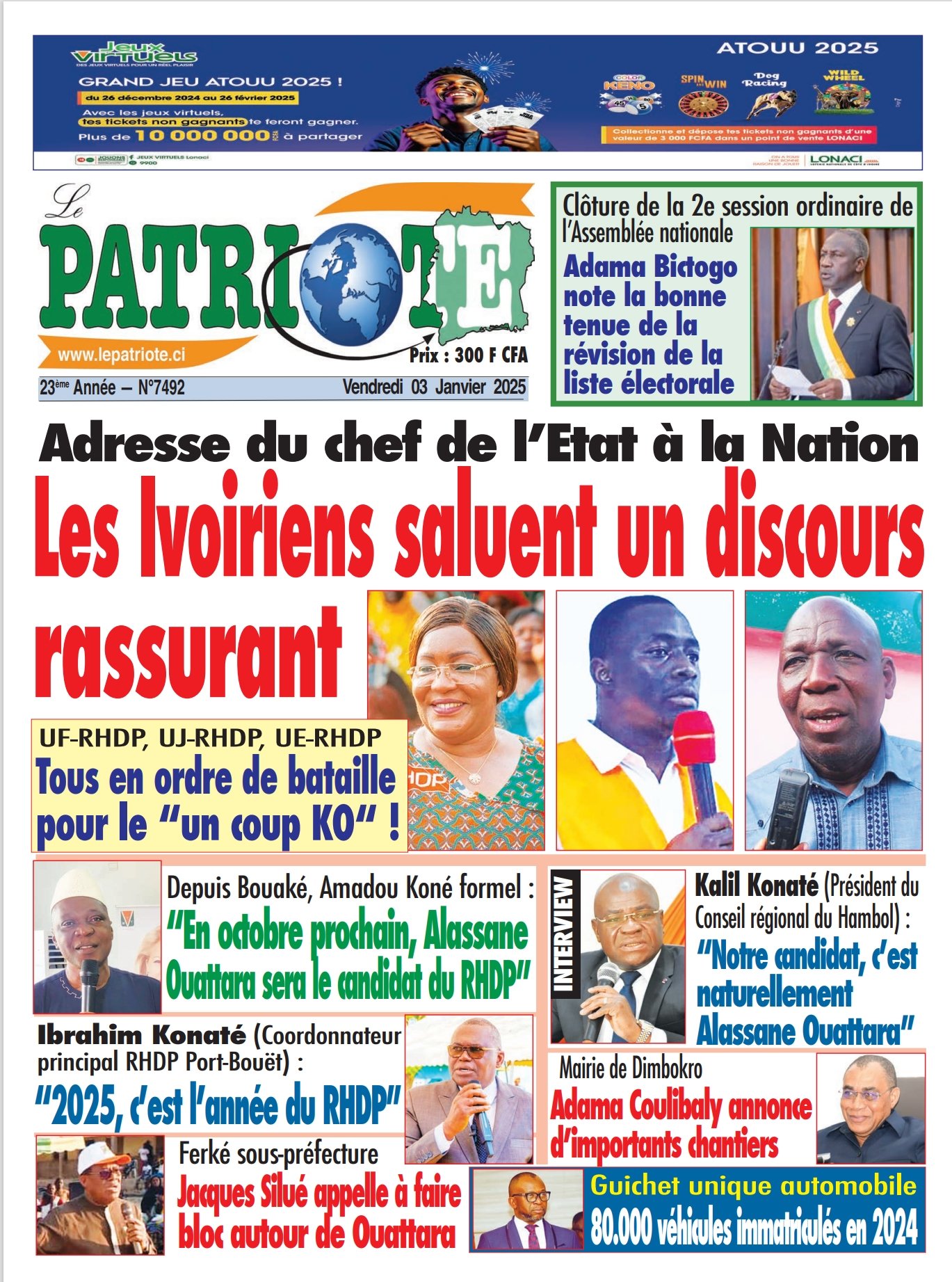 Le Patriote n°7492 du Vendredi 03 Janvier 2024-Discours du chef de l'Etat à la Nation : Les Ivoiriens saluent un discours rassurant