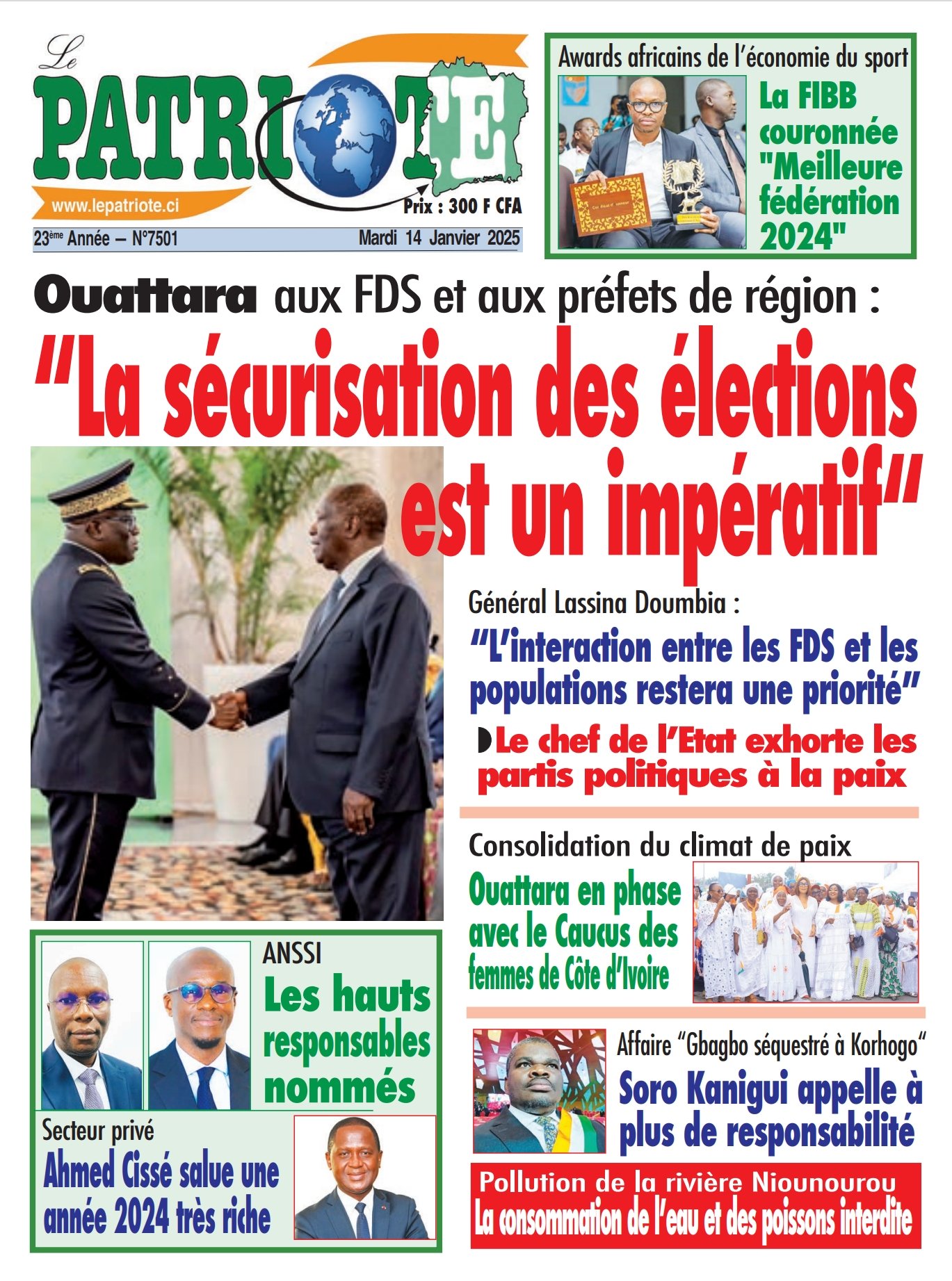 Le Patriote n°7501 du Mardi 14 Janvier 2024-Ouattara aux FDS et aux Préfets de région: "La sécurisation des élections est un impératif"