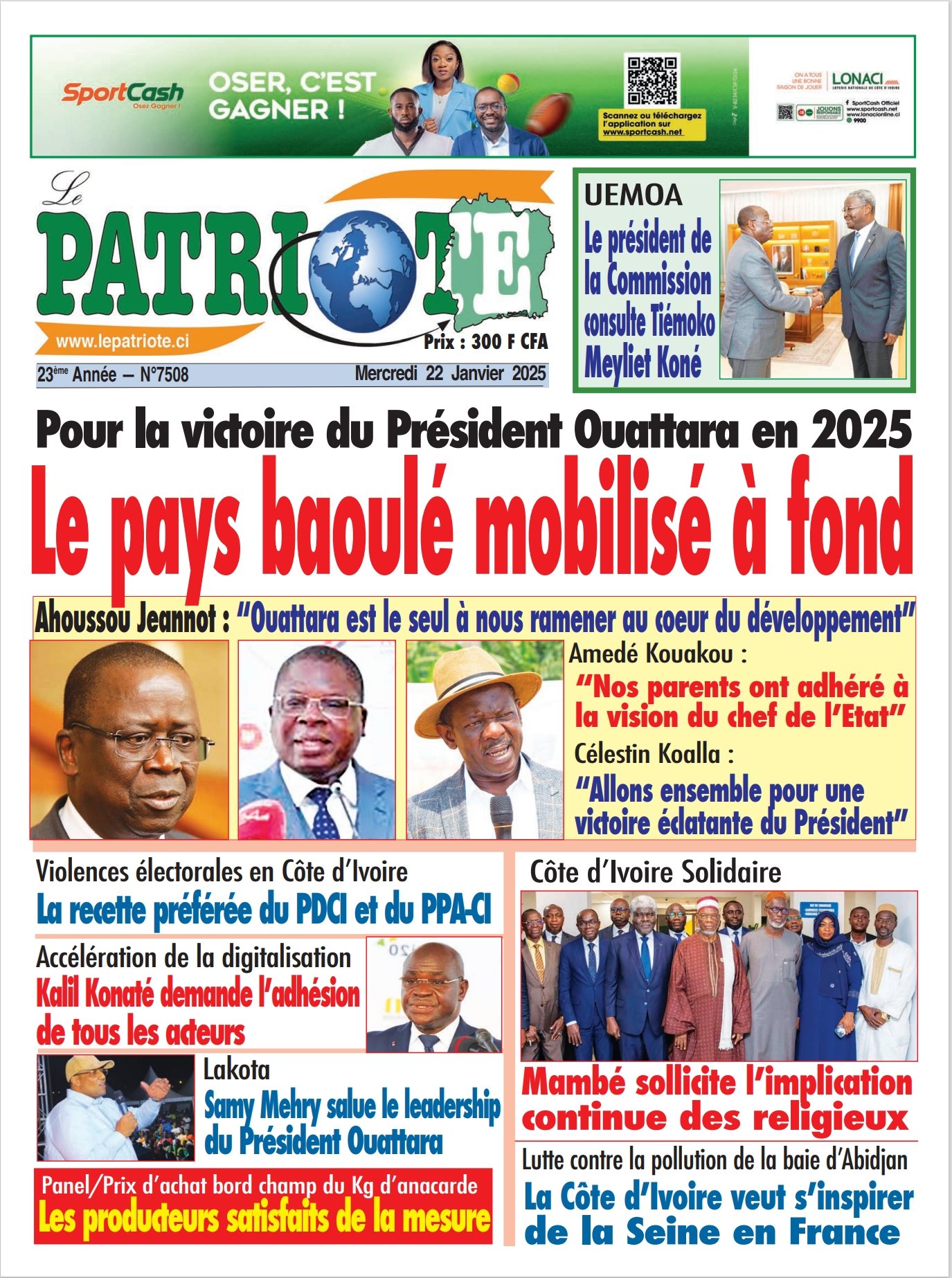 Le Patriote n°7508 du Mercredi 22 Janvier 2025 - Présidentielle 2025 : Le pays baoulé mobilisé à fond pour la victoire du président Ouattara !