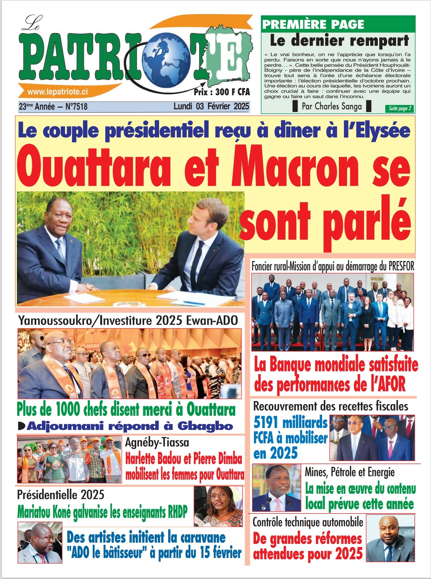 Le Patriote n°7518 du Lundi 03 Février 2025-Le couple présidentiel reçu à dîner à l’Elysée : Ouattara et Macron se  sont parlé !