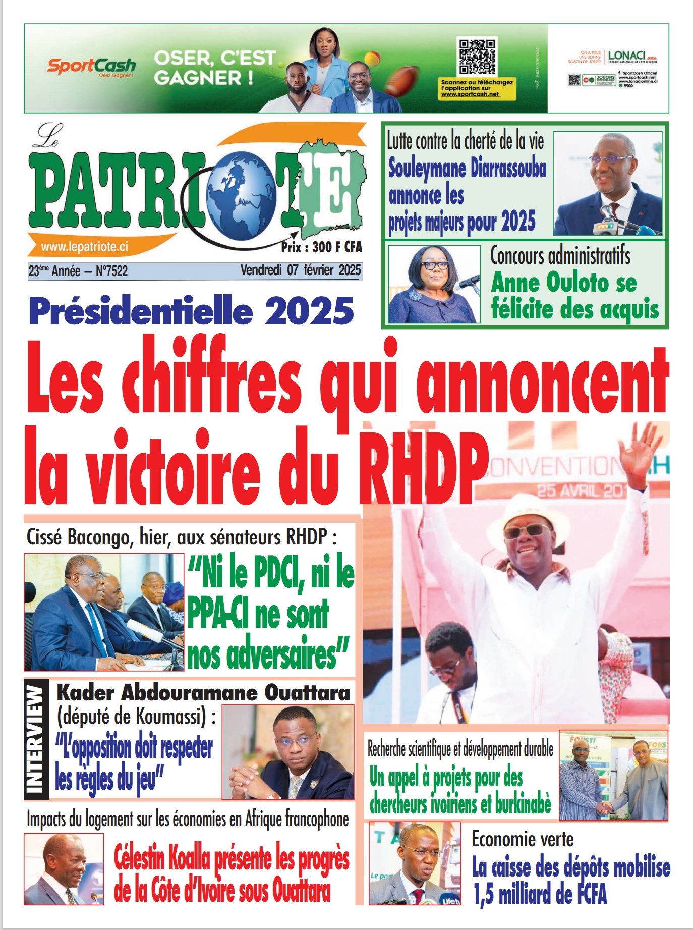 Le Patriote n°7522 du Vendredi 07 Février 2025-Présidentielle 2025 : Les chiffres qui annoncent la victoire du RHDP !