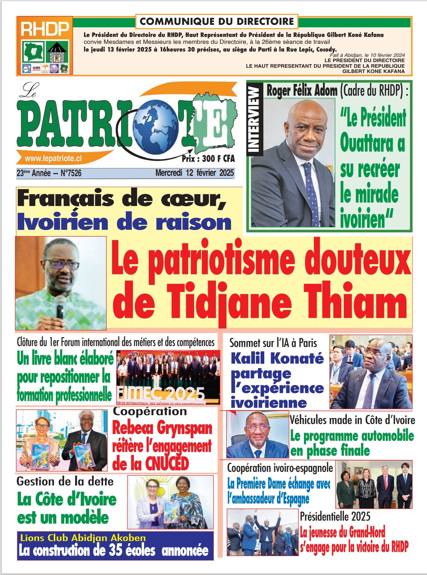 Le Patriote n°7526 du Mercredi 12 Février 2025-Français de cœur,  Ivoirien de raison : Le patriotisme douteux de Tidjane Thiam