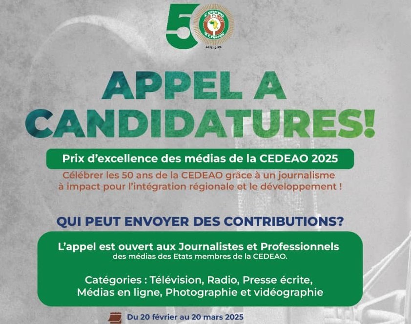 CEDEAO : Appel à candidatures pour les Prix d’excellence des médias 2025